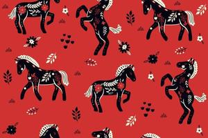 Seamless pattern with horses with floral ornament on a red background. Vector graphics.