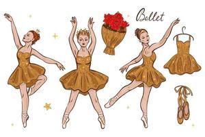 Set of ballerinas in gold dresses with stars isolated on white background. Vector graphics.