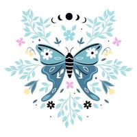 Composition with butterfly and floral elements isolated on white background. Vector graphics.