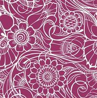 white seamless pattern on a bright pink background, floral repeating pattern, mahendi oriental motifs, white outline photo