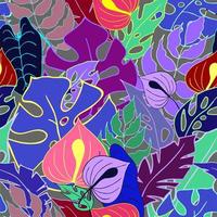 bright seamless pattern of tropical leaves and flowers in blue and purple tones photo