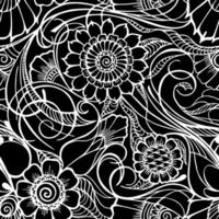 seamless floral pattern, oriental motifs, contour white floral pattern on a black background, texture, background photo