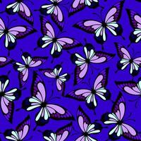 patrón repetitivo sin costuras de mariposas negras y moradas sobre un fondo azul, textura, diseño foto