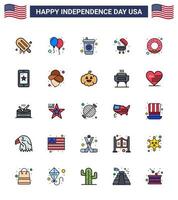 Group of 25 Flat Filled Lines Set for Independence day of United States of America such as mobile food beverage donut bbq Editable USA Day Vector Design Elements