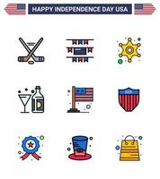Modern Set of 9 Flat Filled Lines and symbols on USA Independence Day such as flag glass police bottle wine Editable USA Day Vector Design Elements