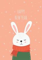 New Year gift card with a cute sleeping bunny, rabbit in a warm sweater with a scarf. Vector template