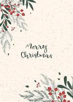 Template poster, Christmas and New Year card with a winter pattern of branches, Christmas trees and red berries on the background. Vector