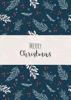 Postcard template, Christmas and New Year card with a winter pattern of branches, Christmas trees and red berries on a blue background. Vector