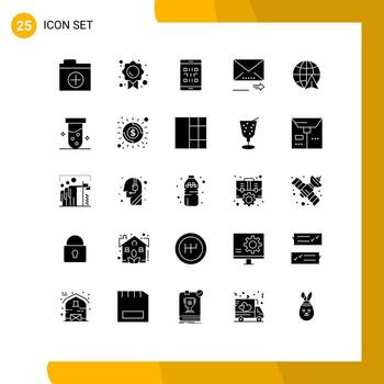 Group of 25 Solid Glyphs Signs and Symbols for globe next mobile navigation email Editable Vector Design Elements
