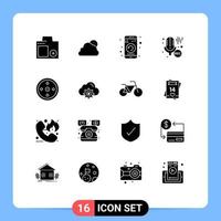 Pack of 16 Modern Solid Glyphs Signs and Symbols for Web Print Media such as recording microphone cloudy mic phone Editable Vector Design Elements