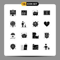 Set of 16 Vector Solid Glyphs on Grid for china watch baby payment currency Editable Vector Design Elements