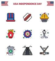 Set of 9 Vector Flat Filled Lines on 4th July USA Independence Day such as security food american fries chips Editable USA Day Vector Design Elements