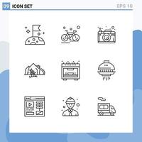 Pack of 9 Modern Outlines Signs and Symbols for Web Print Media such as kitchen mountain camera nature hill Editable Vector Design Elements