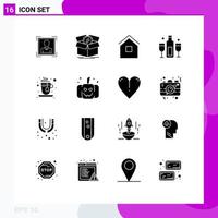 16 User Interface Solid Glyph Pack of modern Signs and Symbols of champagne alcoholic work alcohol hut Editable Vector Design Elements