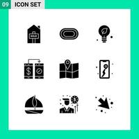 Universal Icon Symbols Group of 9 Modern Solid Glyphs of map wallet environment payment cashless Editable Vector Design Elements