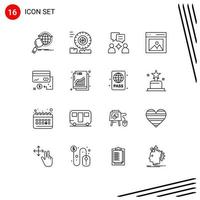 16 User Interface Outline Pack of modern Signs and Symbols of card user man picture content Editable Vector Design Elements