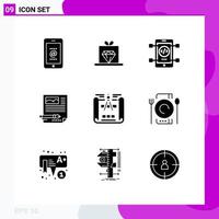 Set of 9 Vector Solid Glyphs on Grid for blueprint document mobile paper edit Editable Vector Design Elements