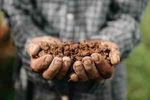 Oldman farmer holding soil in cupped hands in sun light photo