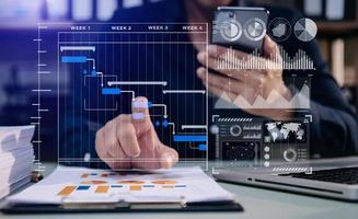 gerente de proyecto de mano de empresario trabajando y actualizando tareas y diagrama de diagrama virtual de programación de diagrama de gantt. con teléfono inteligente, tableta y computadora portátil en la oficina. foto