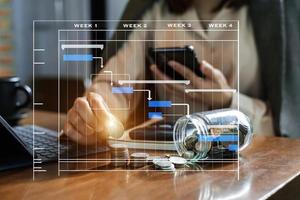 Project manager working and update tasks with milestones progress planning and Gantt chart scheduling diagram. business working with smart phone, tablet and laptop in office. photo