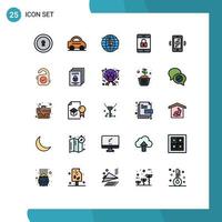 Pack of 25 Modern Filled line Flat Colors Signs and Symbols for Web Print Media such as tag internet of things currency mobile dollar mobile Editable Vector Design Elements