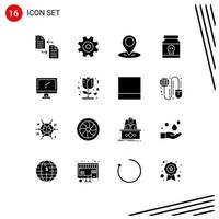 Editable Vector Line Pack of 16 Simple Solid Glyphs of computer skull wheel poison danger Editable Vector Design Elements