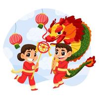 niño realiza la danza del dragón en el festival de año nuevo de china vector