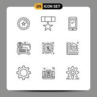 Pack of 9 Modern Outlines Signs and Symbols for Web Print Media such as analysis communication star chat android Editable Vector Design Elements