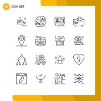 Group of 16 Outlines Signs and Symbols for car check in data projector device Editable Vector Design Elements