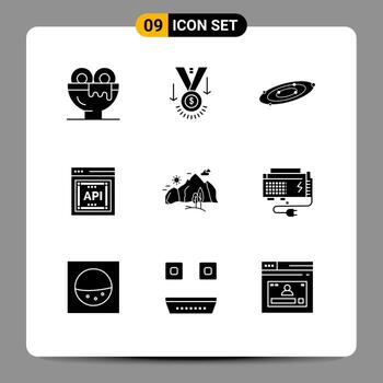 9 iconos creativos signos y símbolos modernos de interfaz de programador de aplicaciones api ganador universo planetas elementos de diseño vectorial editables vector