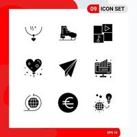 Group of 9 Solid Glyphs Signs and Symbols for paper heart skates balloon player Editable Vector Design Elements