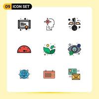 Pack of 9 Modern Filledline Flat Colors Signs and Symbols for Web Print Media such as eye spa architecture leaf performance Editable Vector Design Elements