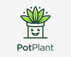 Plant Pot Cute Mascot Potted Leaf Decoration Houseplant Happy Face Cartoon Vector Logo Design