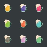 conjunto de 9 cócteles coloridos espumosos de cerveza alcohólica - vector