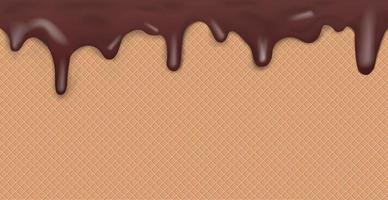 patrón de helado panorámico dulce sin costuras con glaseado de chocolate oscuro goteante y textura de oblea - vector