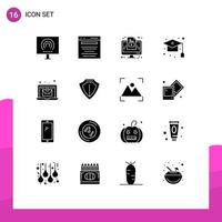 16 User Interface Solid Glyph Pack of modern Signs and Symbols of school education marketing cap media Editable Vector Design Elements