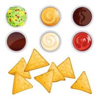 Nacho chips and sauces in bowls, mexican food vector