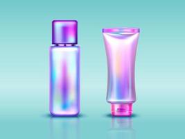 Holographic cosmetics package, tube and bottle vector