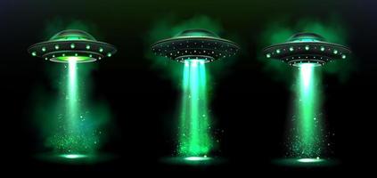 3d UFO, vector alien space ships with light beam