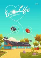 cartel de vida ecológica, paneles solares y basura cero