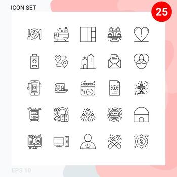 25 Universal Lines Set for Web and Mobile Applications battery love grid heart cupcake Editable Vector Design Elements