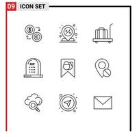 Set of 9 Modern UI Icons Symbols Signs for death scale center luggage pin Editable Vector Design Elements