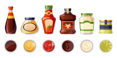 Set of different sauces in bottles and bowls. vector