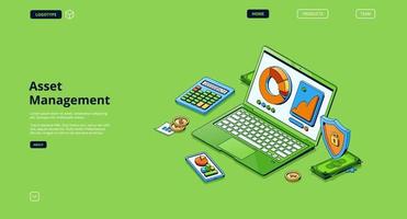 Asset management isometric landing page, analytics vector