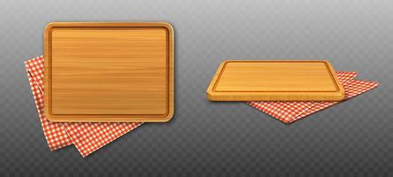 Wooden cutting board and red plaid tablecloth vector
