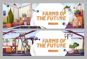 Farms of the future cartoon banners, plants grow vector