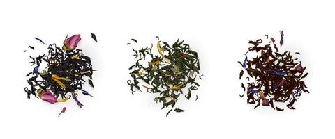 Tea heaps top view, assortment of dry leaves set vector