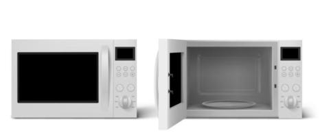 Modern microwave oven with open and closed door vector