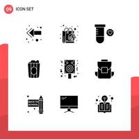 Pack of 9 Modern Solid Glyphs Signs and Symbols for Web Print Media such as party celebration science speaker movie Editable Vector Design Elements