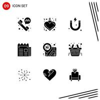 User Interface Pack of 9 Basic Solid Glyphs of map love science location newspaper Editable Vector Design Elements